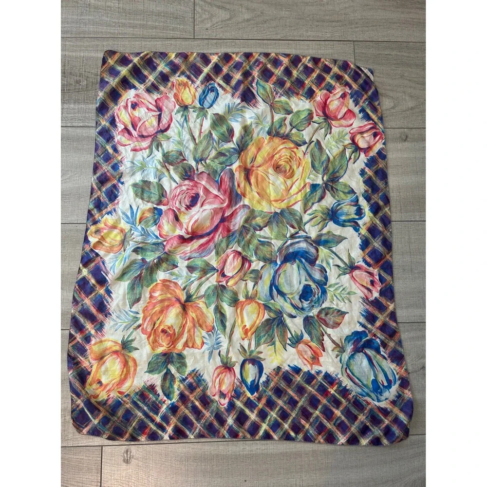 Vintage BRICO Pure Silk Floral Scarf Watercolor Roses Square Scarf